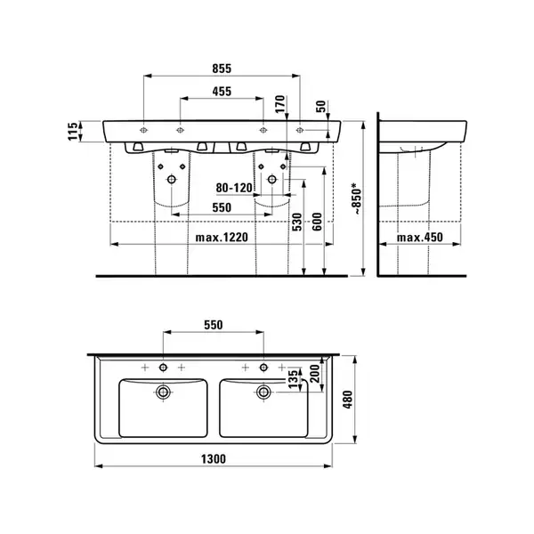 Двойная раковина 130 х 48 см Laufen Pro (H8149670001041) фото 3 Aquada.com.ua