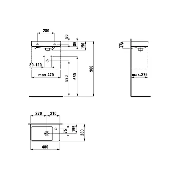 Маленькая (мини) раковина 48 х 28 см Laufen Pro S, отверстие под смеситель справа (H8159540001041) фото 6 Aquada.com.ua