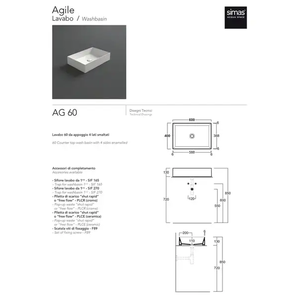 Simas Agile Раковина накладна 60х40 см, білий глянець (AG60)