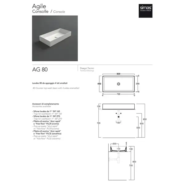 Simas Agile Раковина накладна, білий глянець (AG80)