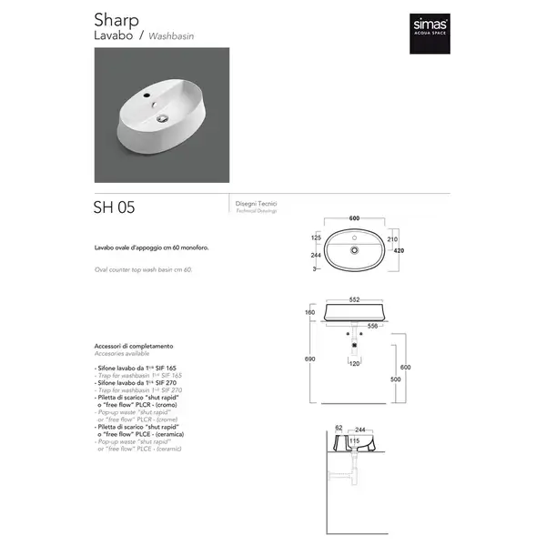 Раковина накладная на столешницу Simas Sharp 60 х 42 см (SH05)