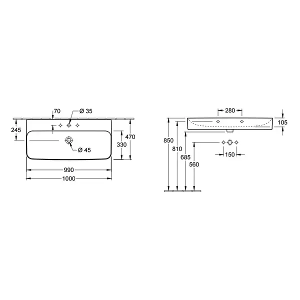 Подвесная раковина Villeroy & Boch Finion 1000 x 470 mm (4168A2R1) фото 3 Aquada.com.ua