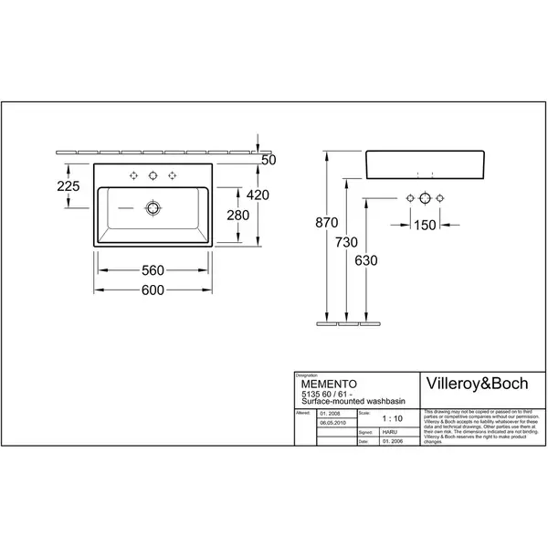 VILLEROY & BOCH Раковина накладная на столешницу Villeroy Boch Memento 60х42 см (513561R1) фото 4 Aquada.com.ua