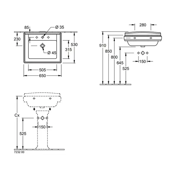 Раковина подвесная Villeroy & Boch Hommage 650 х 530 мм (710165R2) фото 2 Aquada.com.ua