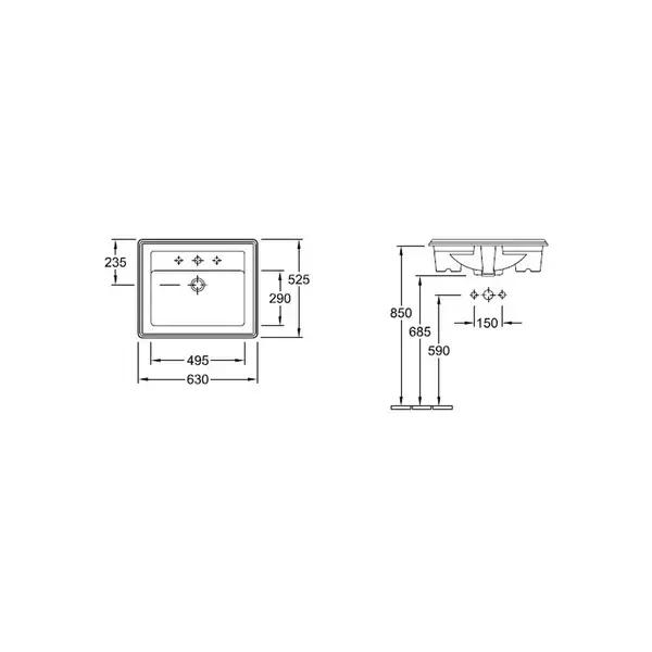 Встраиваемая раковина Villeroy & Boch Hommage 630 х 525 мм (710263R2) фото 3 Aquada.com.ua