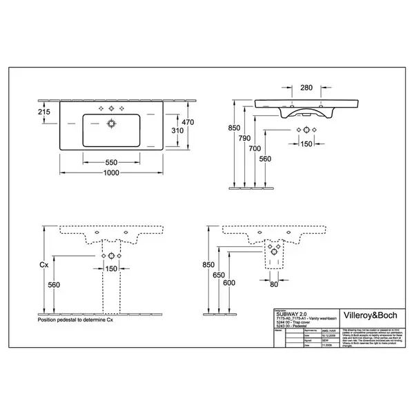 Раковина Villeroy & Boch Subway 2.0 100х47 см (7175A0R1) фото 2 Aquada.com.ua