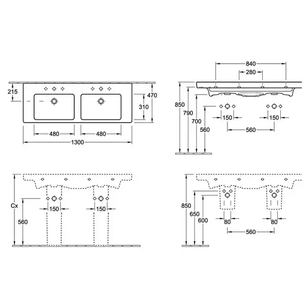 Раковина двойная Villeroy & Boch Subway 1300 х 470 мм (7175D001) фото 2 Aquada.com.ua