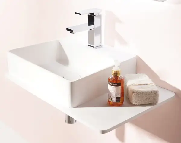 VOLLE Умывальник 58*37*12,5см подвесной, с полочкой каменный Solid surface (13-40-415) фото 3 Aquada.com.ua