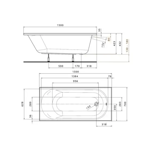 KOLO OPAL PLUS ванна 150*70см прямоугольная, без ножек (XWP135000N) фото 2 Aquada.com.ua