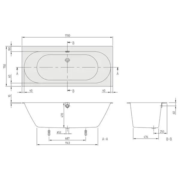 VILLEROY & BOCH OBERON 2.0 ванна 170*75см, квариловая с ножками и сливом-переливом (UBQ170OBR2DV-01) фото 2 Aquada.com.ua