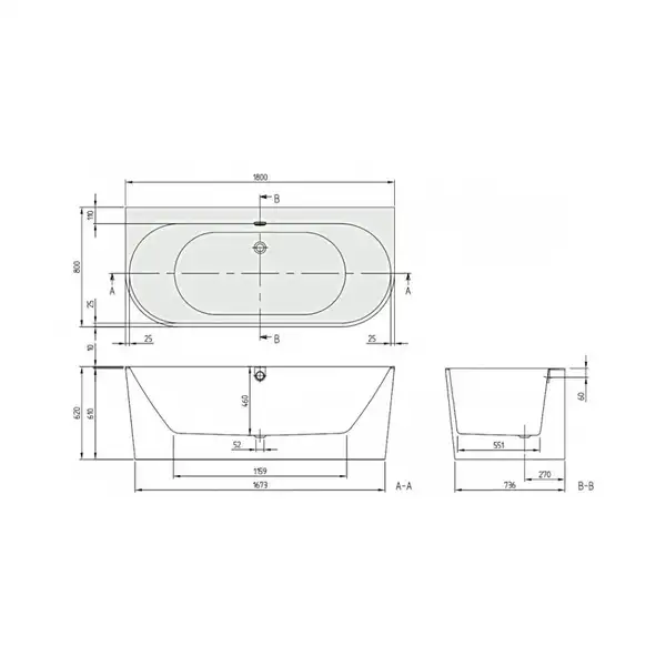 VILLEROY & BOCH OBERON 2.0 ванна 180*80см квариловая, пристенная, с панелью, со сливом-переливом (UBQ180OBR9CD00V-01) фото 2 Aquada.com.ua