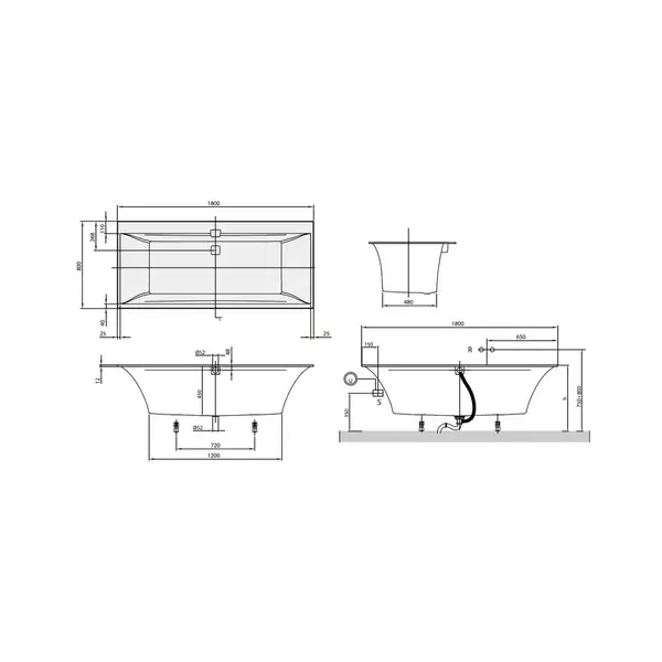 Ванна квариловая Villeroy & Boch Squaro Edge 180 х 80 см + ножки и сифон (UBQ180SQE2DV-01) фото 2 Aquada.com.ua