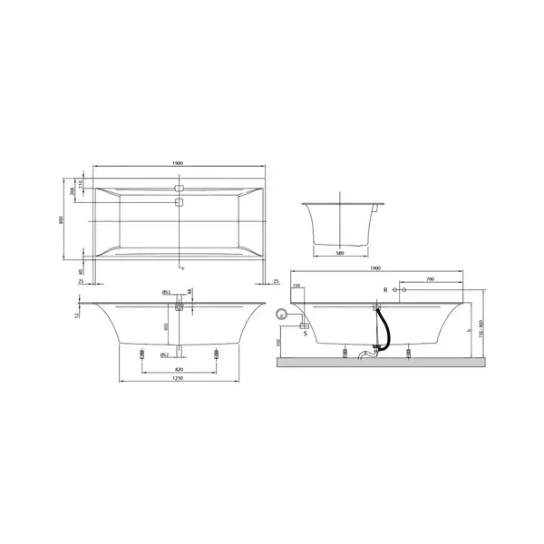 VILLEROY & BOCH Ванна квариловая Villeroy&Boch Squaro Edge190 х 90 см + ножки и сифон (UBQ190SQE2DV-01) фото 2 Aquada.com.ua