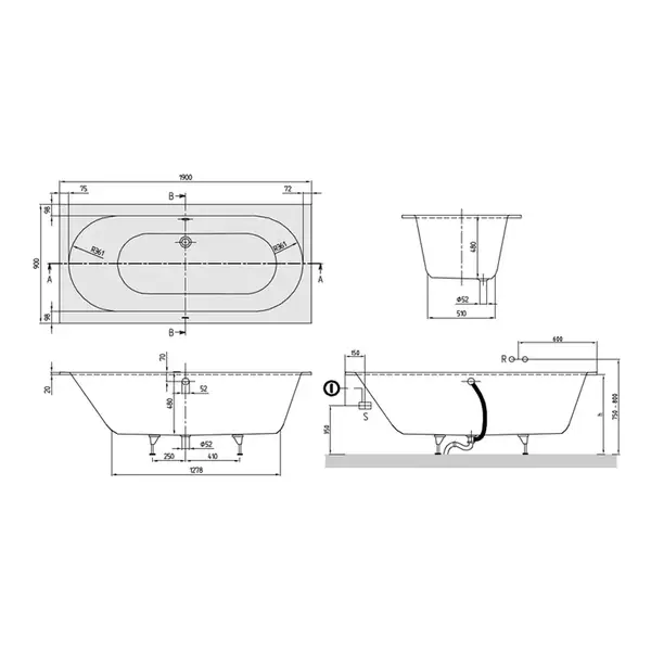 Ванна квариловая Villeroy & Boch Oberon 190 х 90 см + ножки (UBQ199OBE2V-01) фото 3 Aquada.com.ua
