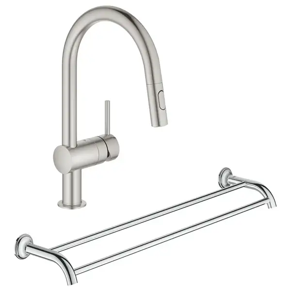 Набор Grohe смеситель для кухни с выдвижным изливом Minta 32321DC2 + полотенцедержатель Essentials Authentic 40654001 (32321DC240654001)