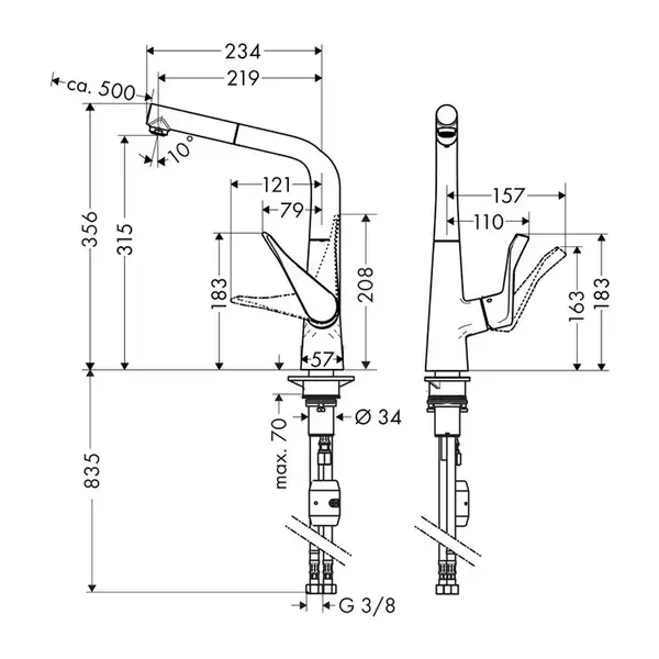 Смеситель для кухни Hansgrohe Metris (цвет - сталь) (14821800) фото 2 Aquada.com.ua