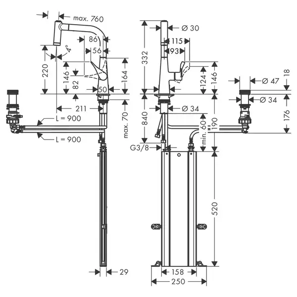 Смеситель для кухни Hansgrohe Metris Select 220 2jet, sBox (цвет - сталь), с вытяжным душем (73805800) фото 2 Aquada.com.ua