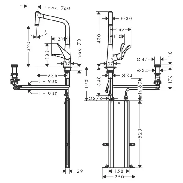 Смеситель для кухни Hansgrohe Metris Select 320 2jet, sBox (цвет - сталь), с вытяжным душем (73806800) фото 2 Aquada.com.ua