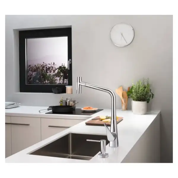 Змішувач для кухні Hansgrohe Metris Select 320 2jet sBox з витяжним душем, сталевий (73816800)