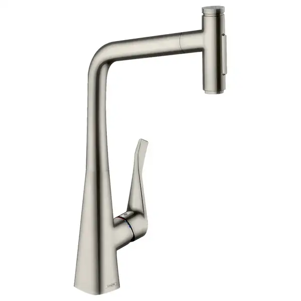 Смеситель для кухни Hansgrohe Metris Select 320 2jet (цвет - сталь), с вытяжным душем (73820800) фото 1 Aquada.com.ua