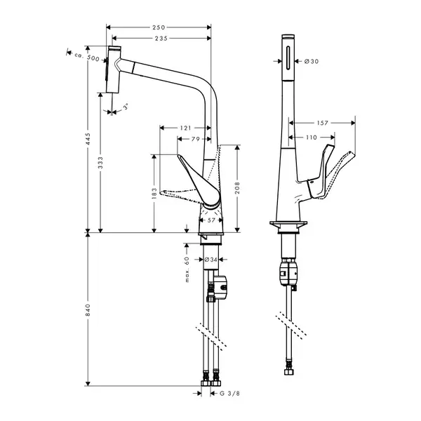 Смеситель для кухни Hansgrohe Metris Select 320 2jet (цвет - сталь), с вытяжным душем (73820800) фото 2 Aquada.com.ua