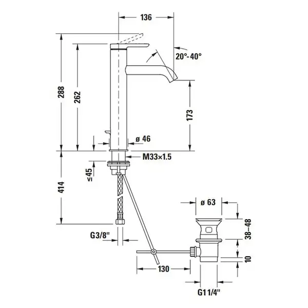 Смеситель для раковины высокий Duravit C.1 (цвет - чёрный матовый), с донным клапаном, излив 136 мм (C11030001046) фото 2 Aquada.com.ua