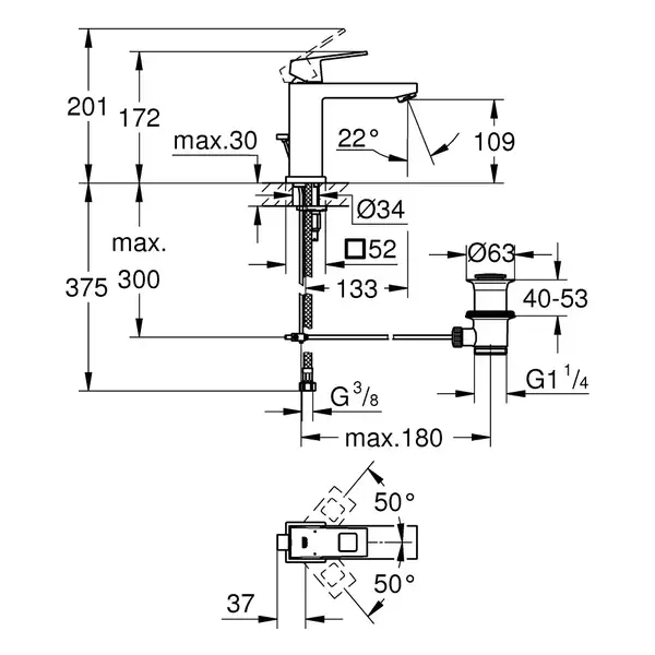 Смеситель для раковины Grohe Eurocube M-Size (цвет - тёмный графит, матовый), с донным клапаном (23445AL0) фото 4 Aquada.com.ua