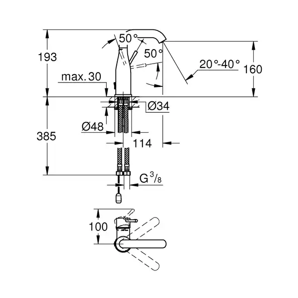 Смеситель для раковины Grohe Essence M-Size (цвет - хром), с донным клапаном цепочка (23480001) фото 2 Aquada.com.ua