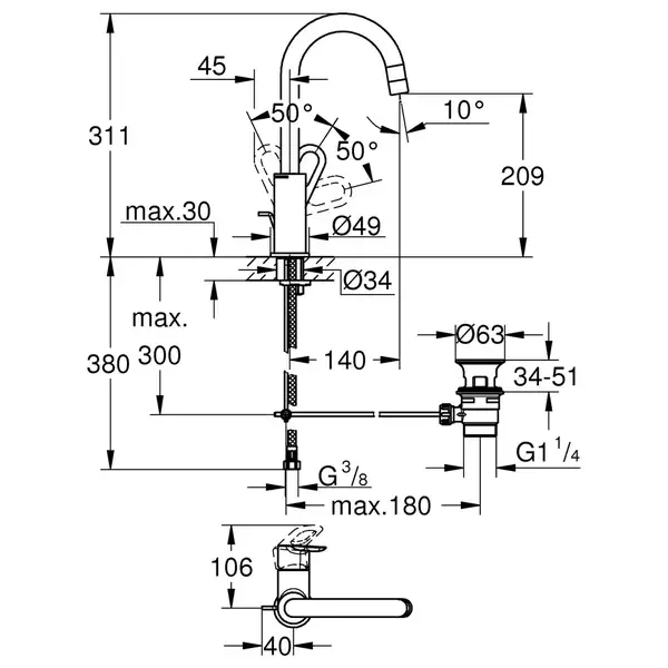 Grohe BauLoop Змішувач для раковини, L-розмір, хром (23763000)