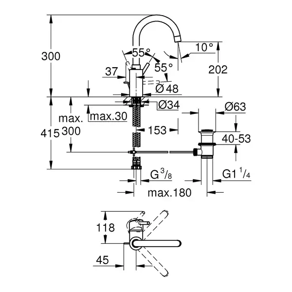 Смеситель для раковины высокий Grohe Concetto (цвет - хром), с донным клапаном (32629002) фото 2 Aquada.com.ua