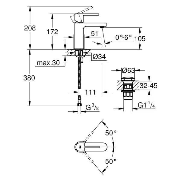 Смеситель для раковины Grohe Plus S-Size (цвет - хром), с донным клапаном (33163003) фото 2 Aquada.com.ua