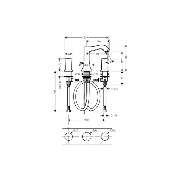 Смеситель для раковины на 3 отверстия Hansgrohe Metropol Classic (цвет - хром/золото), с донным клапаном (31304090) фото 2 Aquada.com.ua