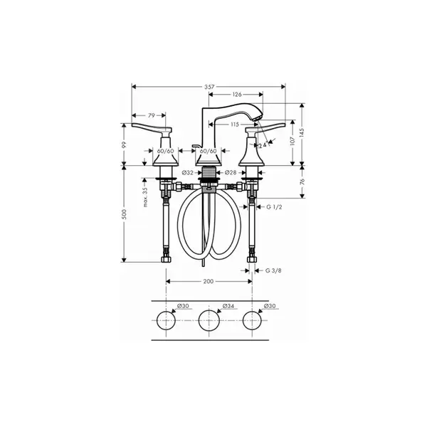 Смеситель для раковины на 3 отверстия Hansgrohe Metropol Classic (цвет - хром), с донным клапаном (31330000) фото 2 Aquada.com.ua