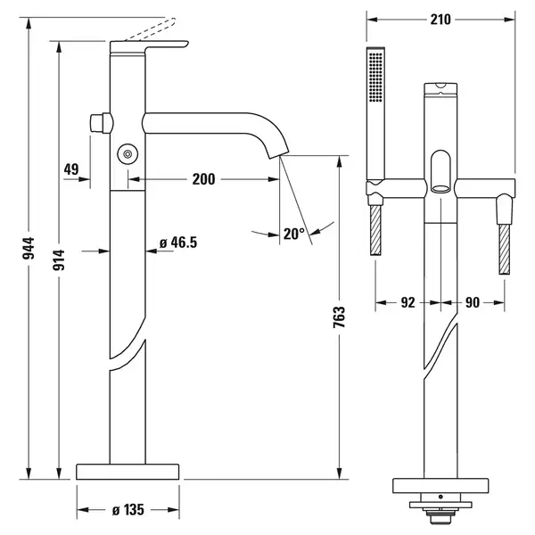 Смеситель для ванны напольный Duravit C.1 (цвет - хром), с душевым гарнитуром (C15250000010) фото 3 Aquada.com.ua