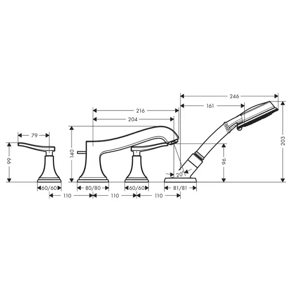 HANSGROHE Смеситель на край ванны, на 4 отверстия, с рычажными рукоятками, хром/золото Metropol Classic (31441090) фото 2 Aquada.com.ua