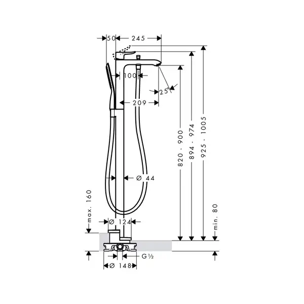Смеситель для ванны напольный Hansgrohe Metris (цвет - хром) (31471000) фото 2 Aquada.com.ua