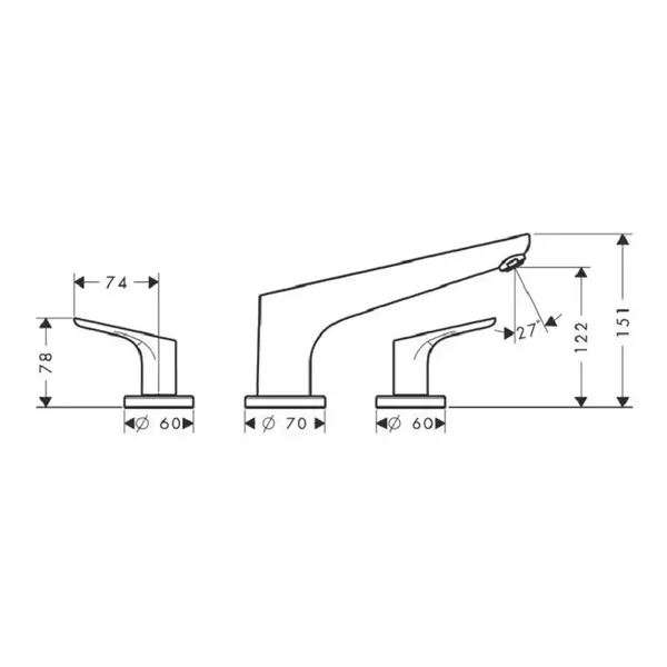 Смеситель на борт ванны, двухвентильный Hansgrohe Focus (цвет - хром) (31935000) фото 2 Aquada.com.ua