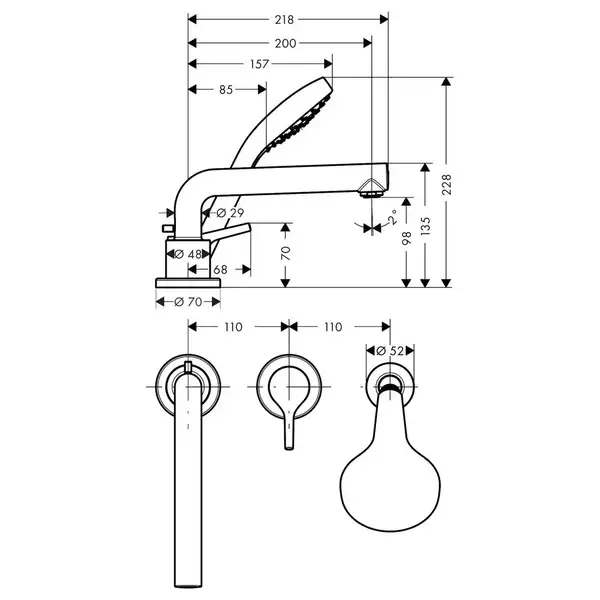 Смеситель на борт ванны Hansgrohe Talis S (цвет - хром), с душевым гарнитуром (72417000) фото 2 Aquada.com.ua