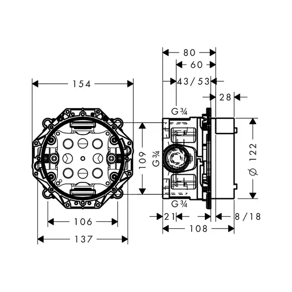 HANSGROHE Скрытая часть со встроенными запорными клапанами, ½/¾’ Ibox Universal (01850180) фото 2 Aquada.com.ua