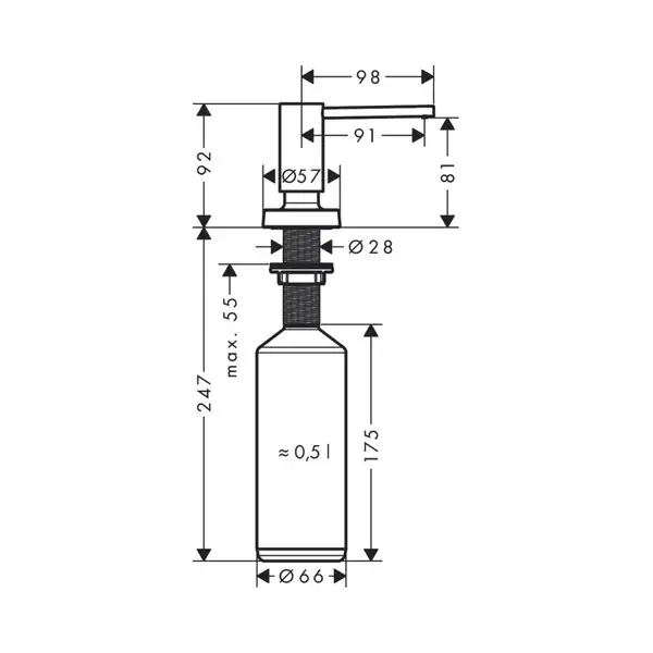 Дозатор кухонний для миючого Hansgrohe A51, 500 ml, Stainless Steel Finish (40448800)