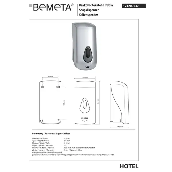 Диспенсер рідкого мила 121209037 Hotel 1000ml, глянець,пластик Bemeta Чехія