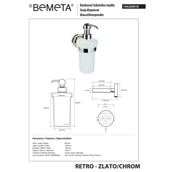 Настінний дозатор 144209018 Retro :  для рідкого мила (скло) золото-хром Bemeta Чехія