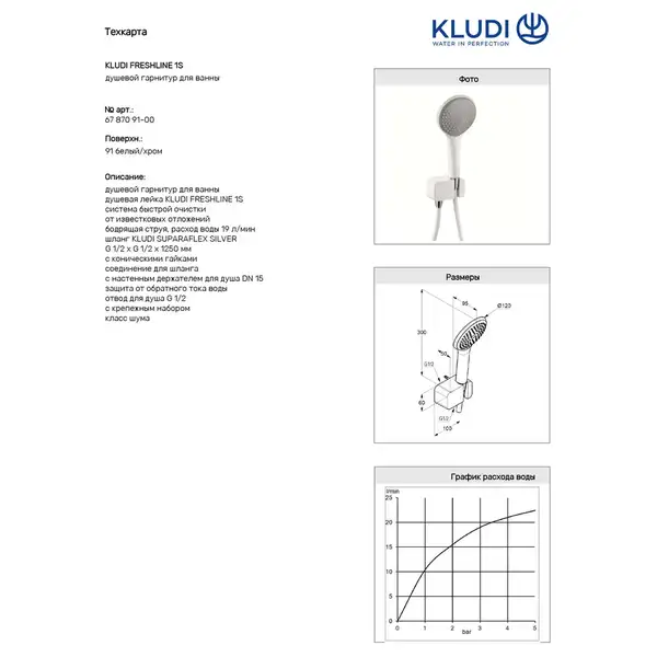 Душовий гарнітур Freshline 6787091-00 1S білий, тримач з підключенням Kludi НІМЕЧЧИНА