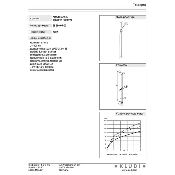 Душова стійка Logo 6839005-00 3S 900 мм хром Kludi НІМЕЧЧИНА