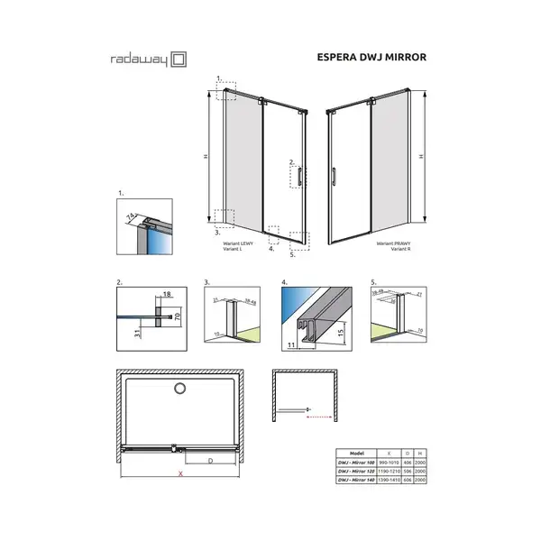 Душова стінка Espera DWJ Mirror 650 права, RADAWAY (380214-71R)