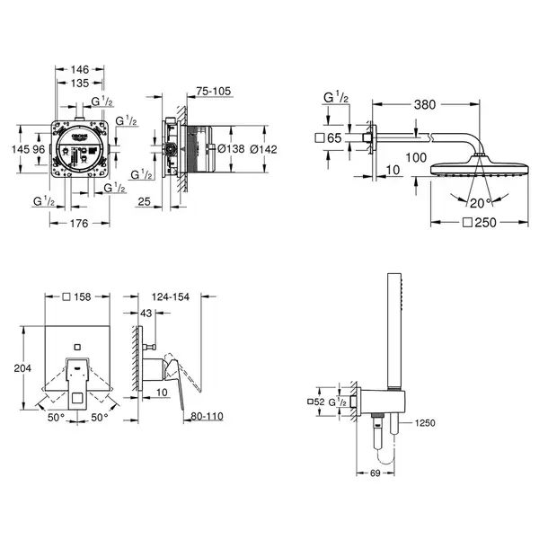 Душова система прихованого монтажу зі змішувачем Grohe Eurocube New Tempesta 250 (UA26415SC3)