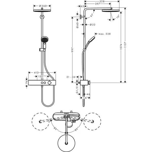 Душова система Hansgrohe Pulsify 260 1jet з ShowerTablet 400, хром (24220000)