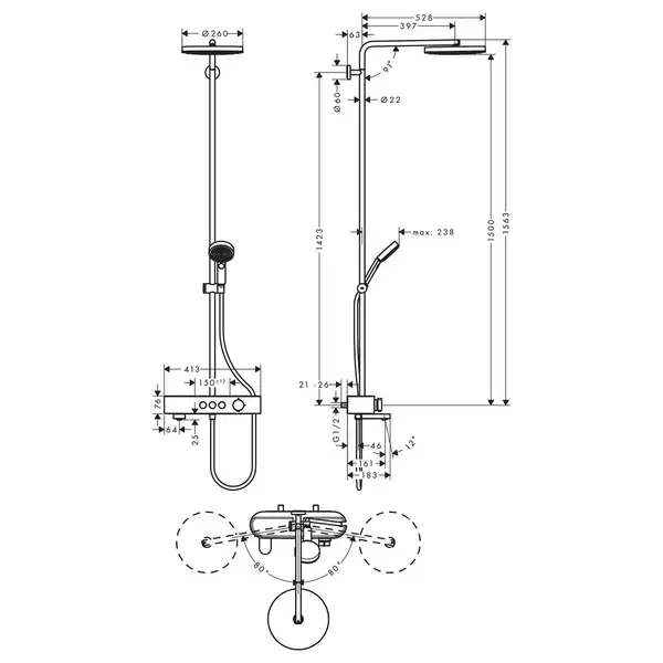 Душевая система Hansgrohe Pulsify Showerpipe 260 1jet с термостатом для ванны ShowerTablet 400 (цвет - хром) (24230000) фото 3 Aquada.com.ua