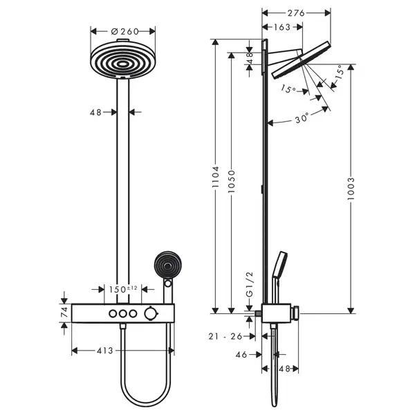 Душевая система с термостатом Hansgrohe Pulsify Showerpipe 260 2jet с ShowerTablet Select 400 (цвет - чёрный матовый) (24240670) фото 4 Aquada.com.ua