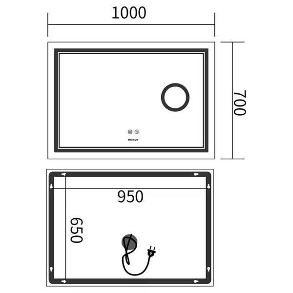 Дзеркало Mixxus Premium QUADRO MR20-100x70 з Led Touch, Anti-fog, димером, регулятором яскравості, (MP6622)